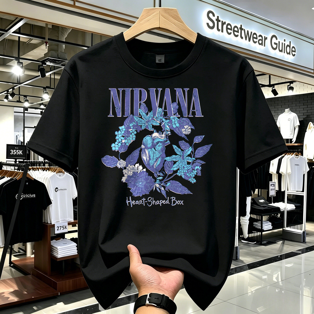 Kaos Nirvana Heart Shaped Box Motif Bunga Floral Kaos Band Kaos Vintage Kaos Pria Kaos Lengan Pendek