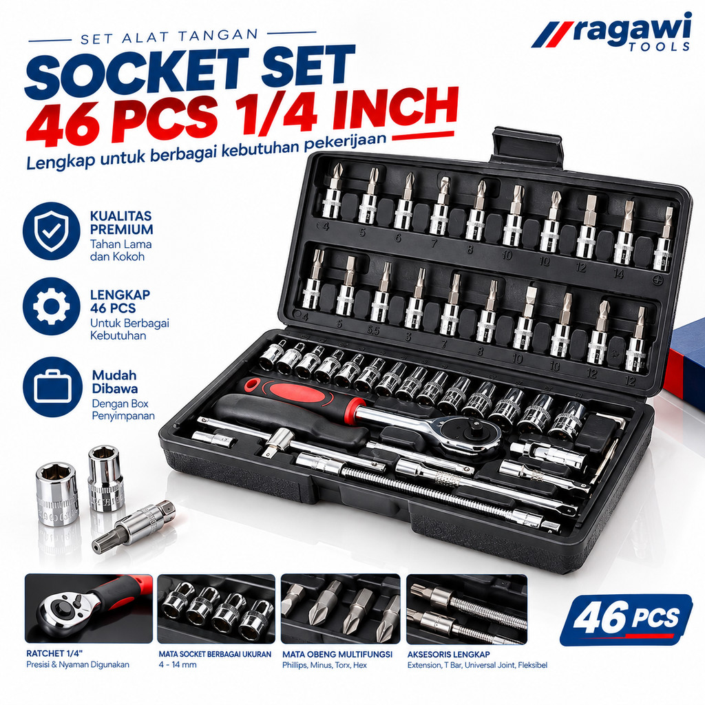 Kunci 1set Lengkap 46 Pcs Kunci Shock Set 1/4” Kunci Sok Socket Wrench Pas Socket Set Mobil Motor Le