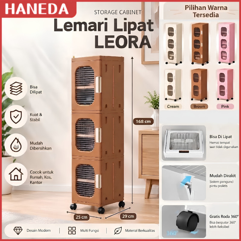 HANEDA Lemari Lipat Susun Plastik Serbaguna LEORA Baju Pintu Mika Showcase Dapur Toilet Sudut Roda