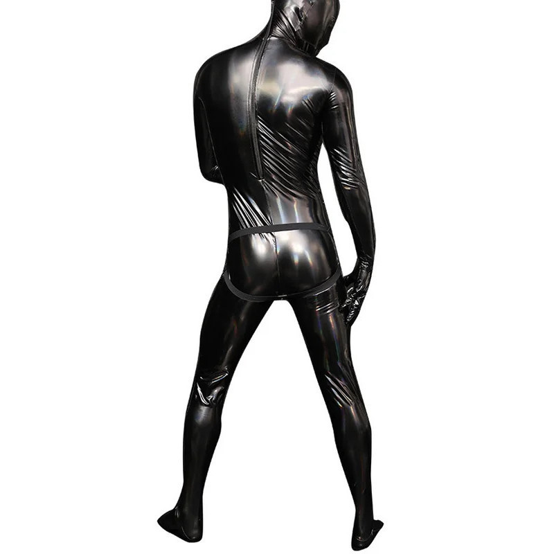Chromatic Colour Reflection Shiny Leotard Sexy Men's Full Bodysuit Latex Elasitc Tights Zipper Open 