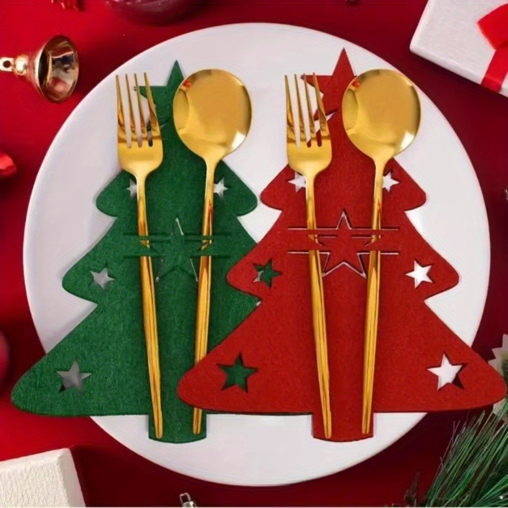 12Pcs Mixed Colors  Knife and Fork Holder Elk Xmas Tree Pocket Cutlery Bag Cookware Organizer Table 