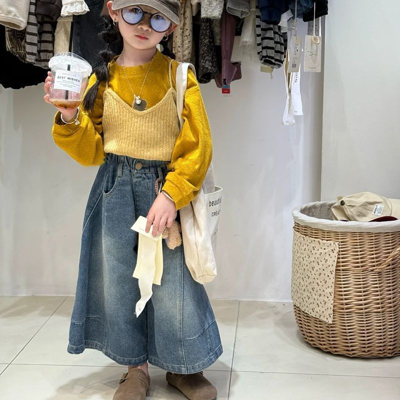 Korea gadis rajutan sling rompi lengan panjang leggings jeans set