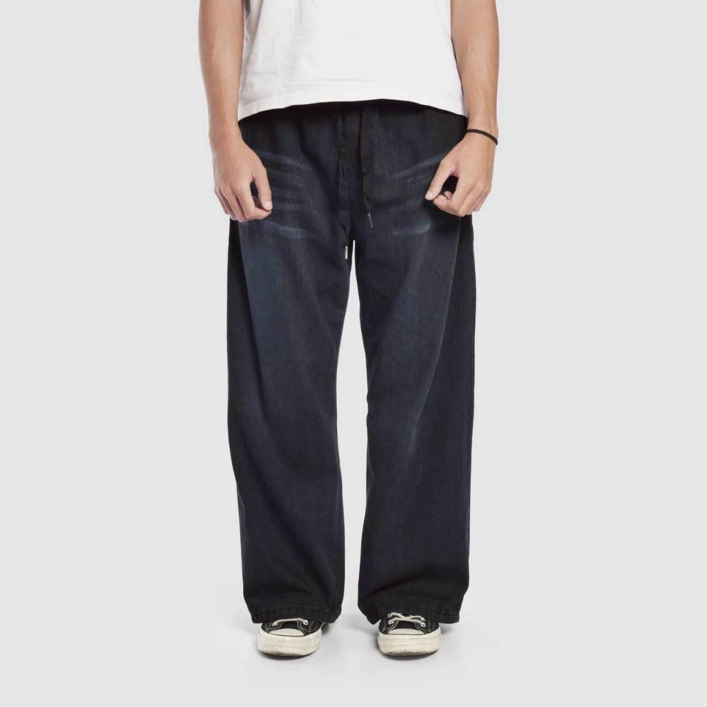 CELANA BAGGY PANTS JEANS DENIM PANJANG REGULER ELASTIC WAIST BLACK FULL TAG & LABEL