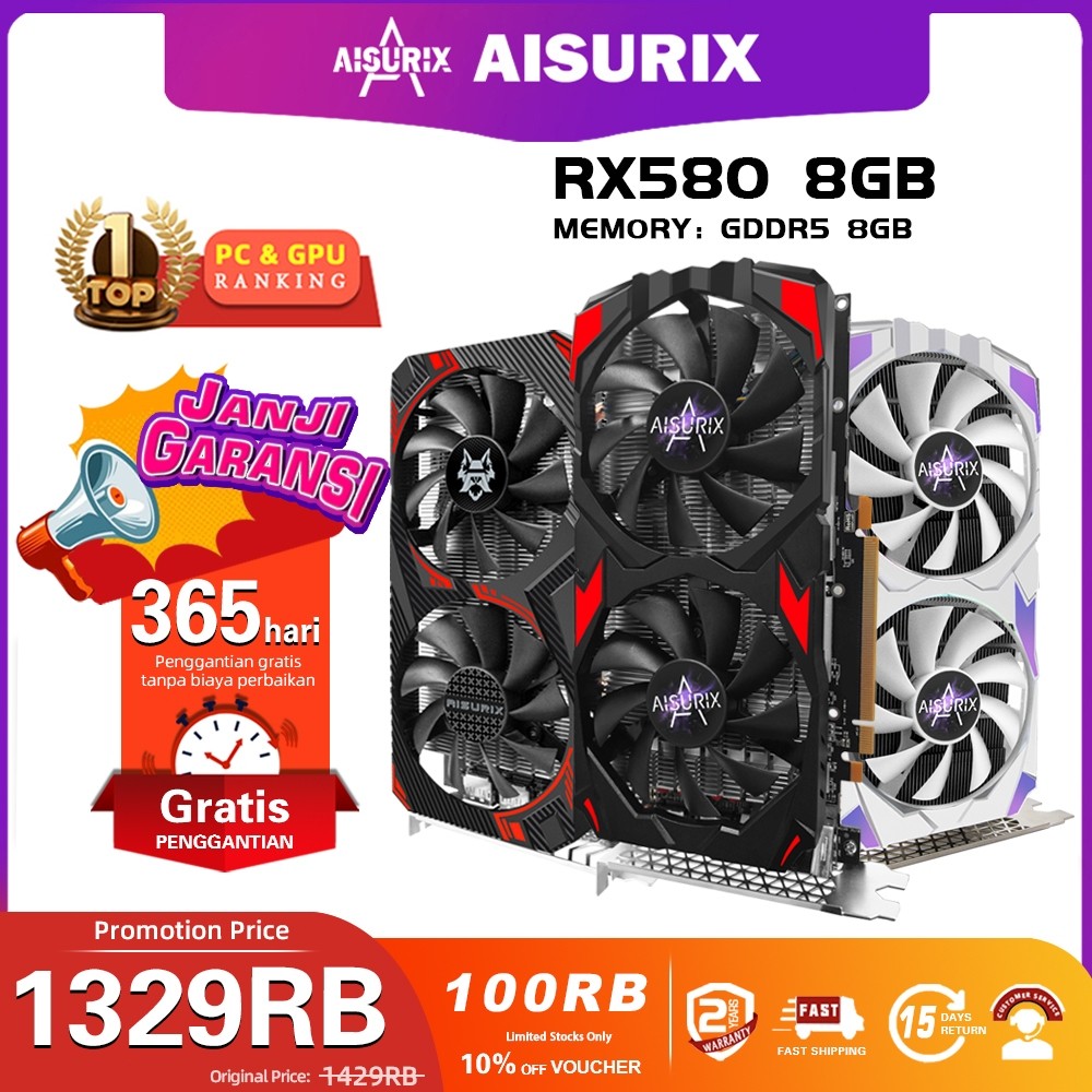 AISURIX VGA Card RX 580 8GB GDDR5 256Bit 2048SP HDMI PC Gaming AMD Radeon RX580 8G VGA