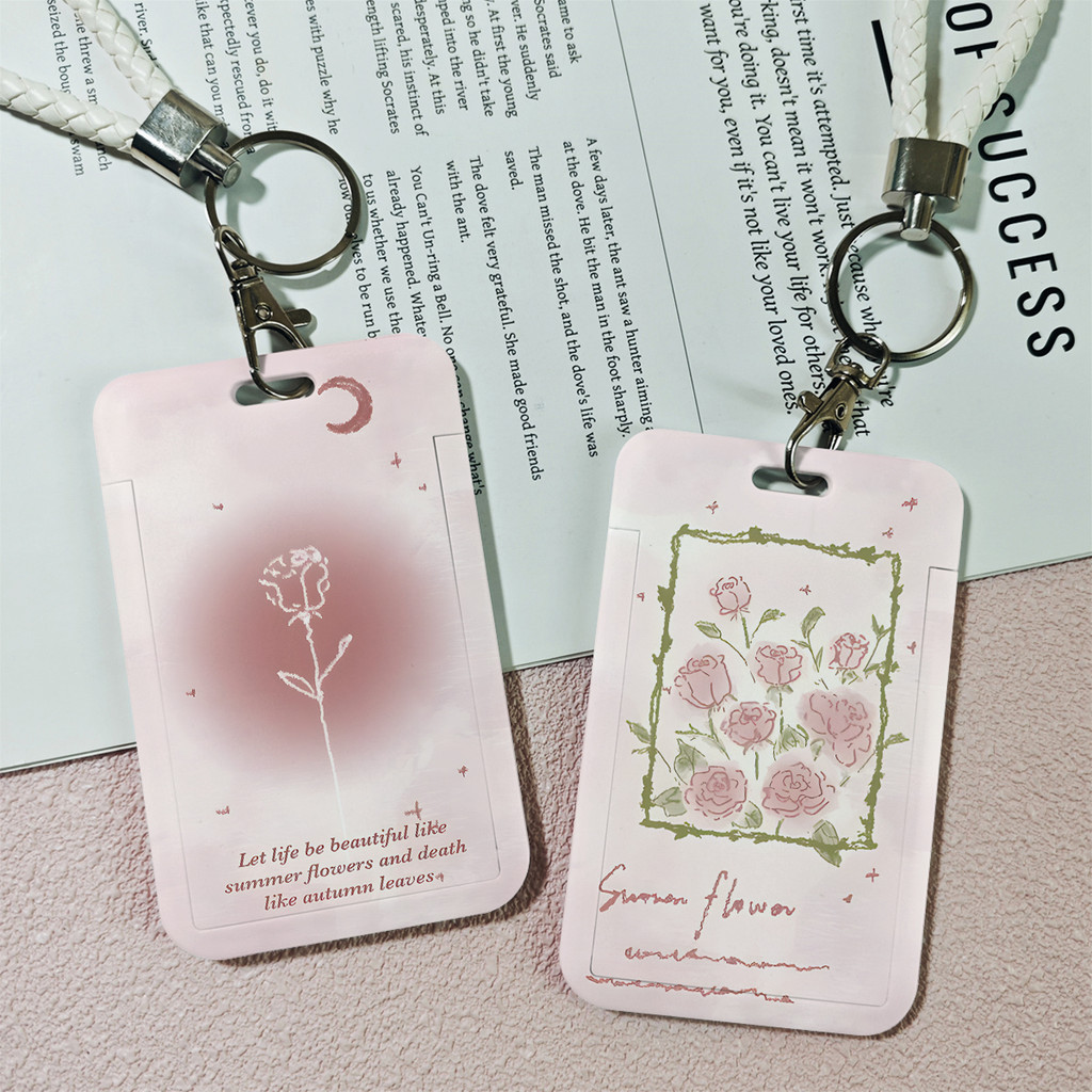 ID Card Holder Motif Bunga Merah Muda Yang Trendi Korea | Tempat Pelindung Kartu Nama Photocard Seko