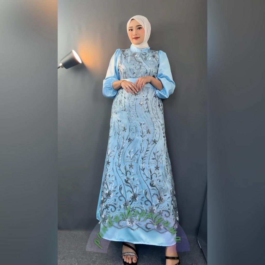 [Padu Dress] Gamis Brokat Modern Biru Muda – Gamis Jumbo Premium untuk Pesta, Kondangan & Lebaran