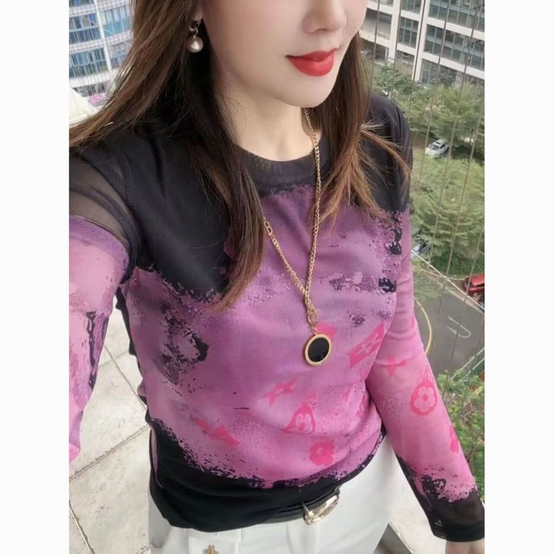 Long-sleeved printed mesh tie-dyed T-shirt top