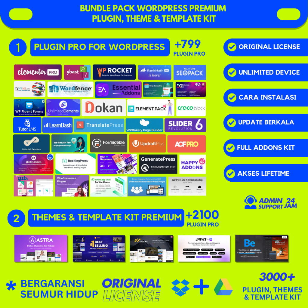 Paket Plugin Wordpress + Wordpress Theme + Template Kit Elementor Pro 100% Original License Lifetime