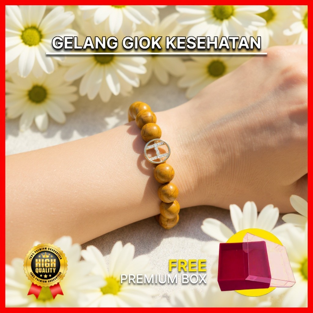 Gelang Giok Tiger Eye Coklat Inisial / Gelang Giok Batu Alam / Aksesori Pria Wanita