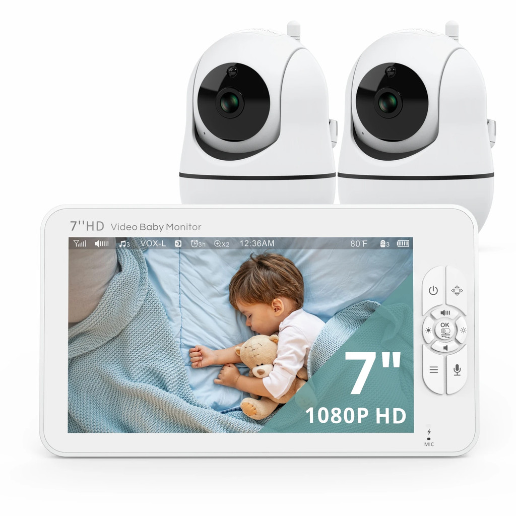 Babystar 7" HD Split Screen Video Baby Monitor No WiFi, Baby Camera Monitor, Hack Proof, Remote Zoom