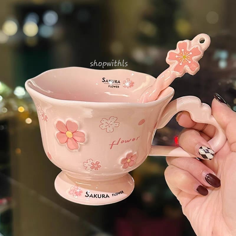SAKURA CUP & SPOON (1 SET) 290 ML/Premium Cup & Spoon/Aesthetic Tea Cup Korean Style/Cangkir Teh Vin