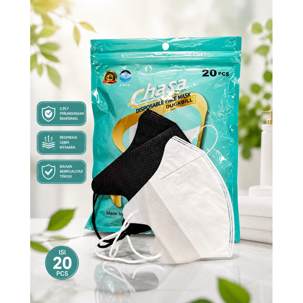 Masker Duckbill Chasa Hitam Putih Isi 20 Pcs 3 Ply Embos Kemenkes RI