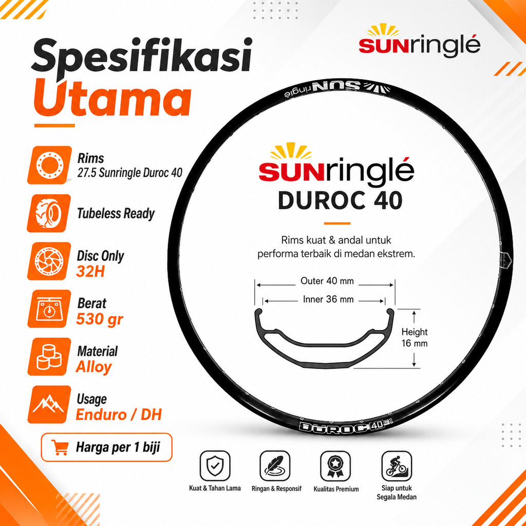 SUN RINGLE Rims Velg Rim 27.5 Duroc 40 Alloy Lubang Presta Valve 32H, Super Kuat dan Ringan untuk Se