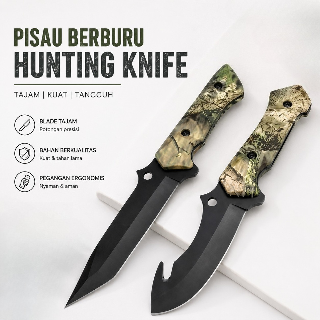 Pisau Berburu Hunting Knife Tactical Full Tang - Tanto & Gut Hook Skinner Camo Handle Pisau Berkemah