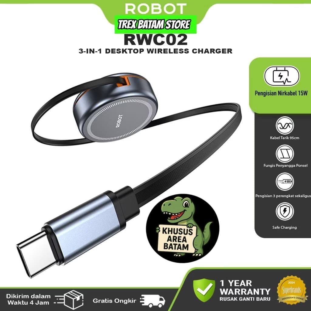 ROBOT RWC02 3 IN 1 WIRELESS CHARGER MAGNETIC FOR HP / WATCH / TWS IOS IPHONE GARANSI - BATAM