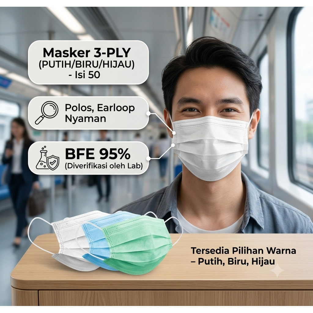 GROSIR Masker 3 ply 3ply isi 50 PUTIH BIRU HIJAU MERAH KUNING PINK Polos Earloop  BFE 95% Packing Po
