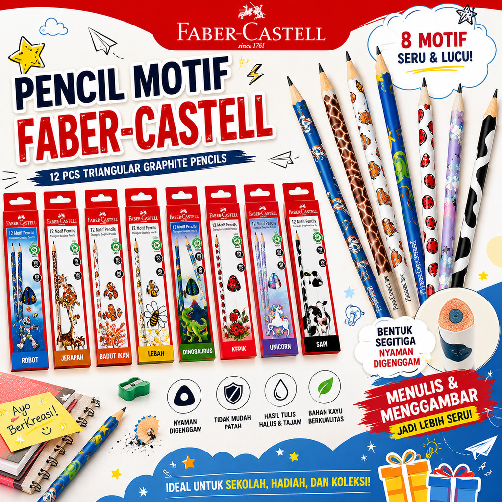 Faber Castell Motif Pencil Tulis Karakter Funny Hewan Robot Dinosaurus Unicorn Kepik Lebah  Pensil G