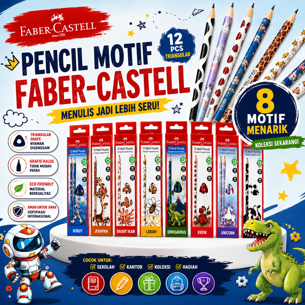 Faber Castell Motif Pensil Graphite Kepik Lebah Jerapah Sapi Triangular Unicorn Cow Badut Ikan Ergon