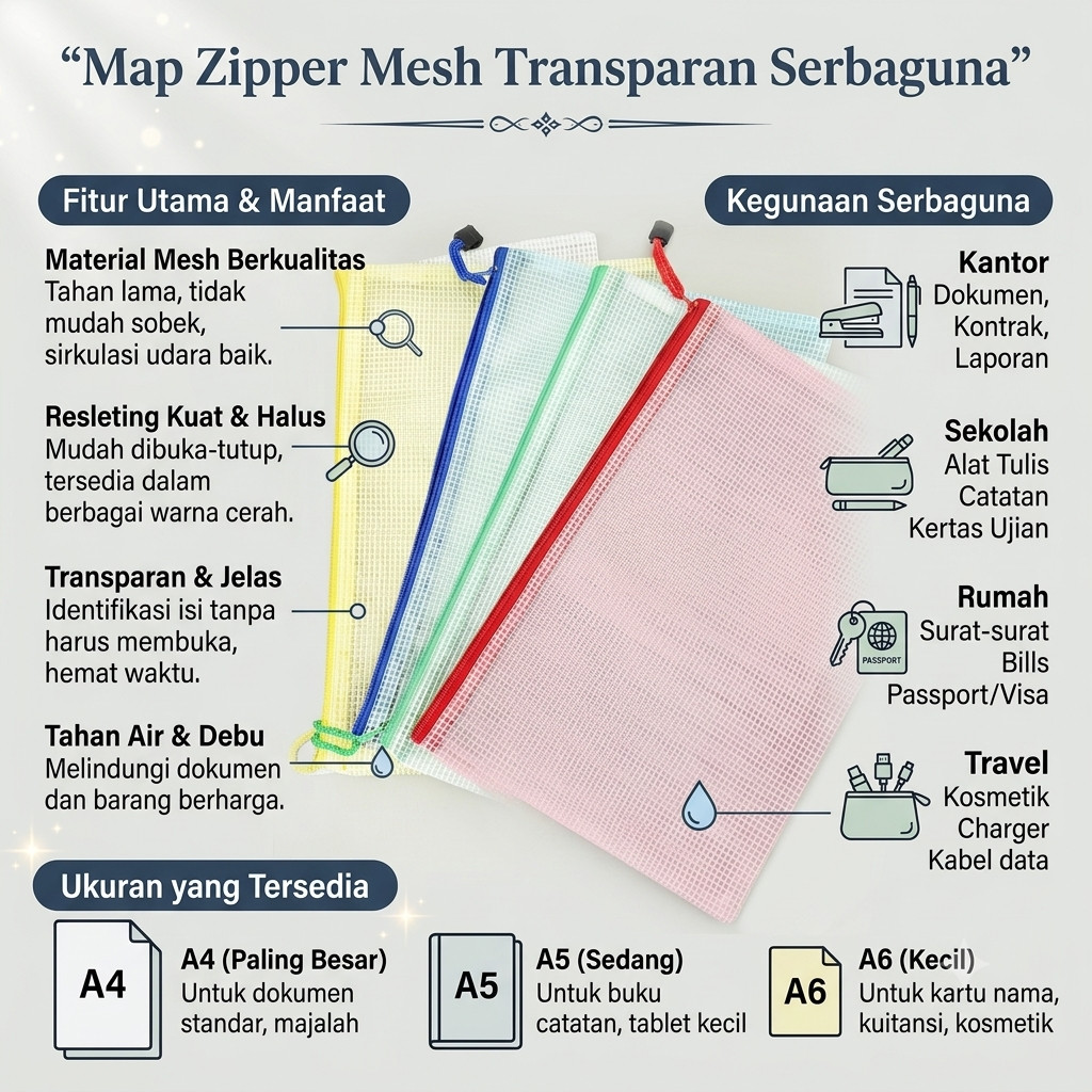 Map Zipper Mesh Transparan Serbaguna A4 A5 A6 – Tas Dompet Dokumen Jaring Plastik Waterproof , Tas R