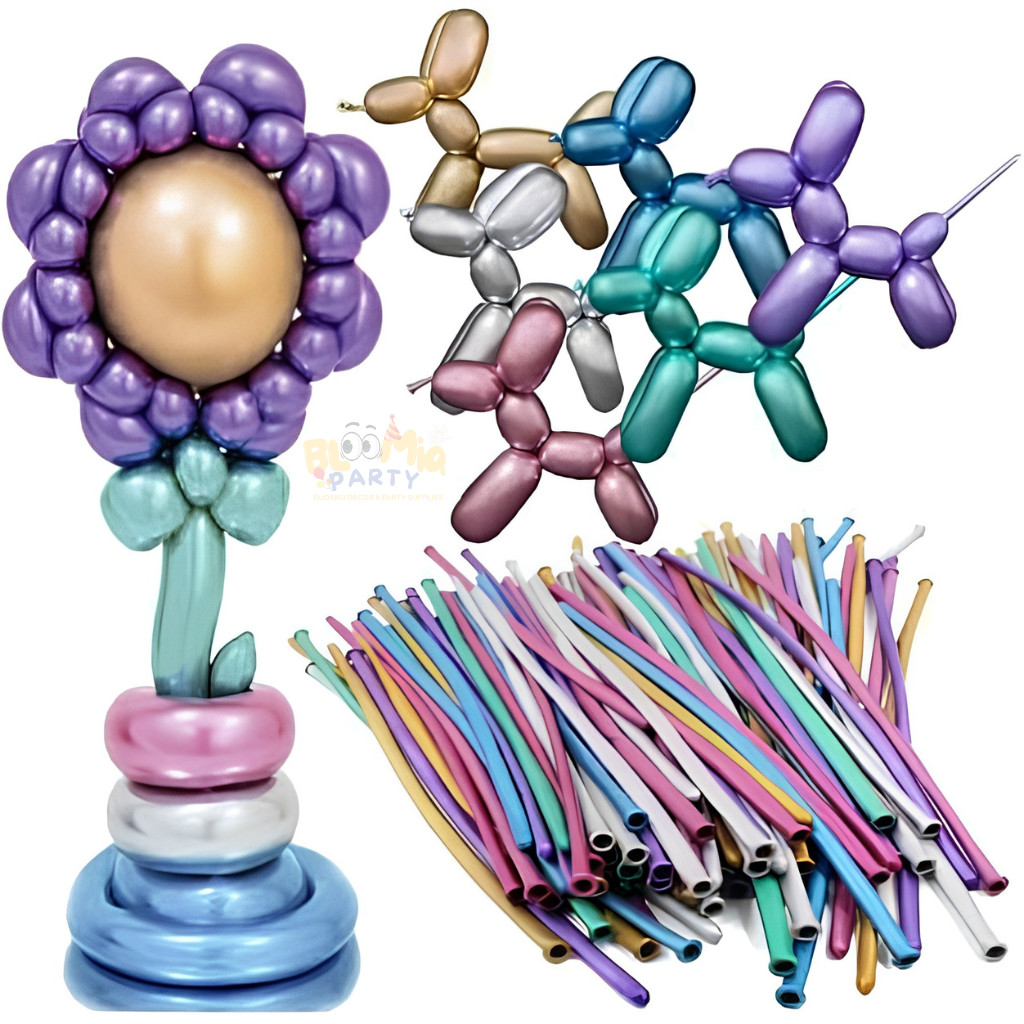 100 Pcs Balon Latex Pentil Metalik Chrome | Balloon Twist Chrome | Balon Cacing Metalic Shape Flower
