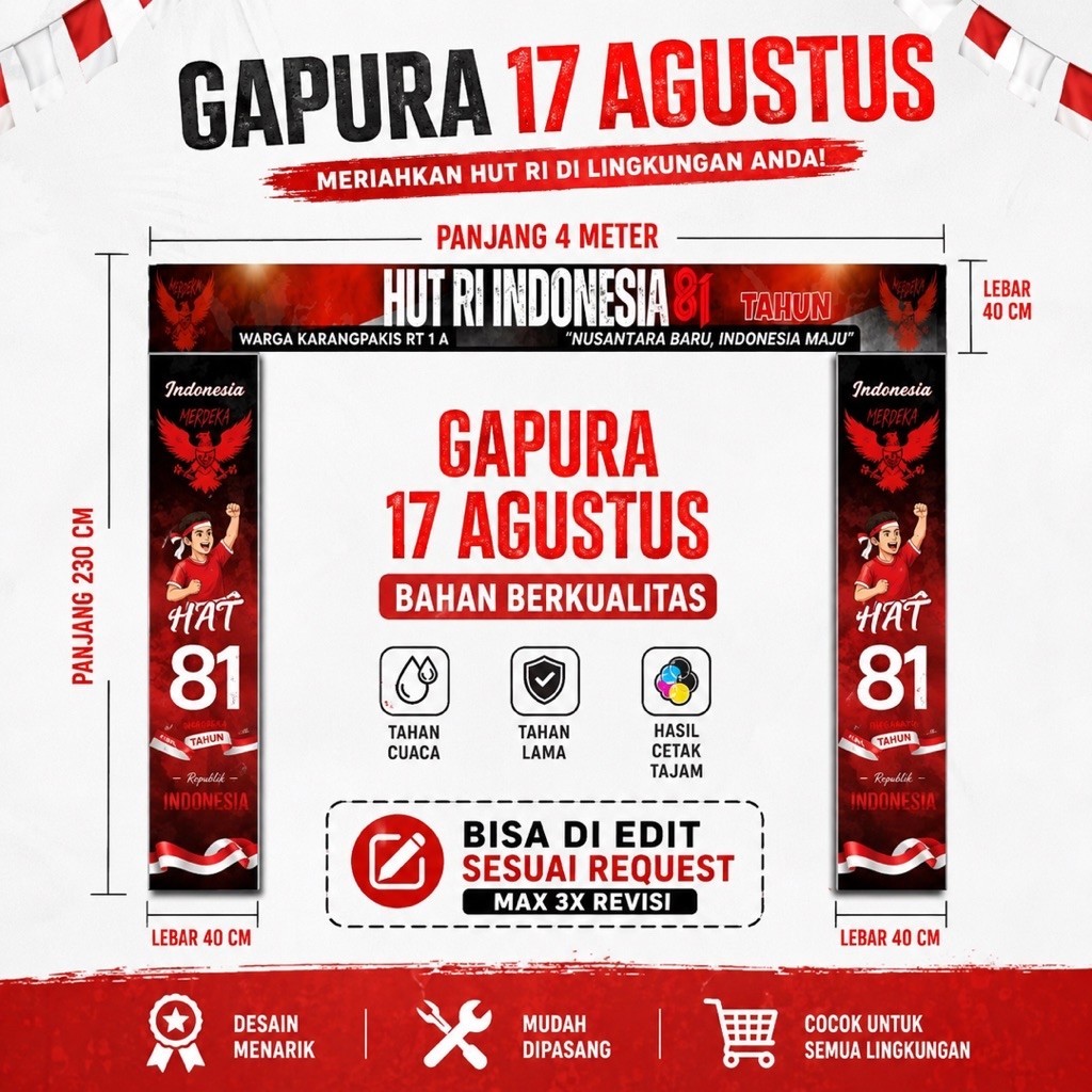 Gapura 17 Agustus Merah Hitam HUT RI 81, Bahan Berkualitas, Mudah Dipasang, Desain Menarik