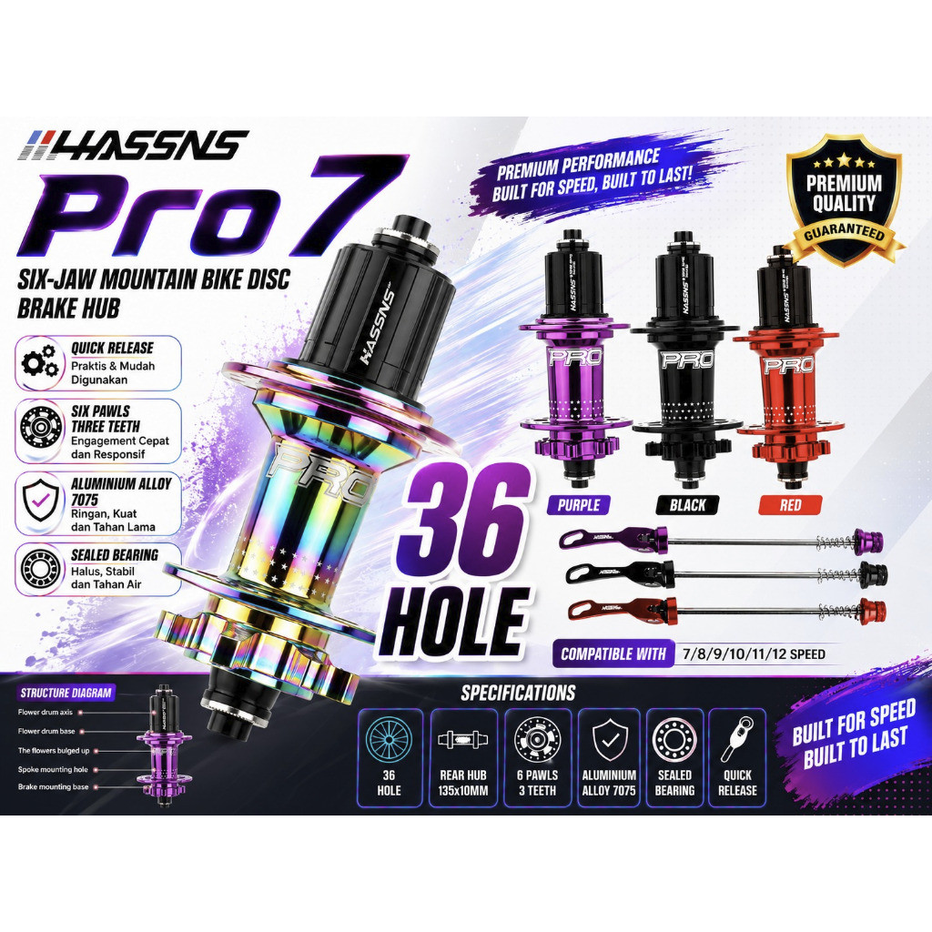 Foto Hassns Pro 7 Freehub 36 Hole non Boost QR 9x135 36H 6 Pelatuk Six Bolt 6 Bearing