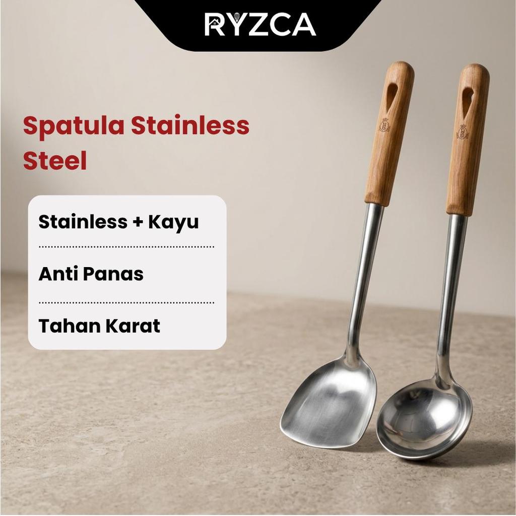 RYZCA Spatula Stainless Anti Panas Sodet Gagang Plastik Motif Kayu Sodet Tebal Stainless S12