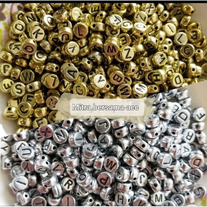 50gram - Manik Huruf Bulat Perak - Manik Huruf Bulat Metalik - Manik Huruf Bulat Emas 6mm