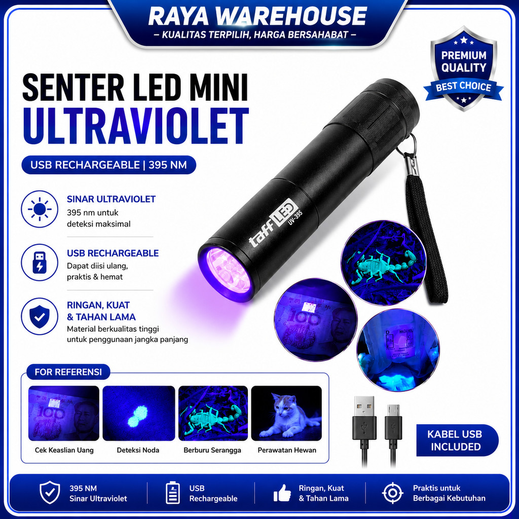 Senter Mini UV LED Ultraviolet 400nm Pendeteksi Uang Palsu & Noda Baterai AAA Aluminium Terang Awet