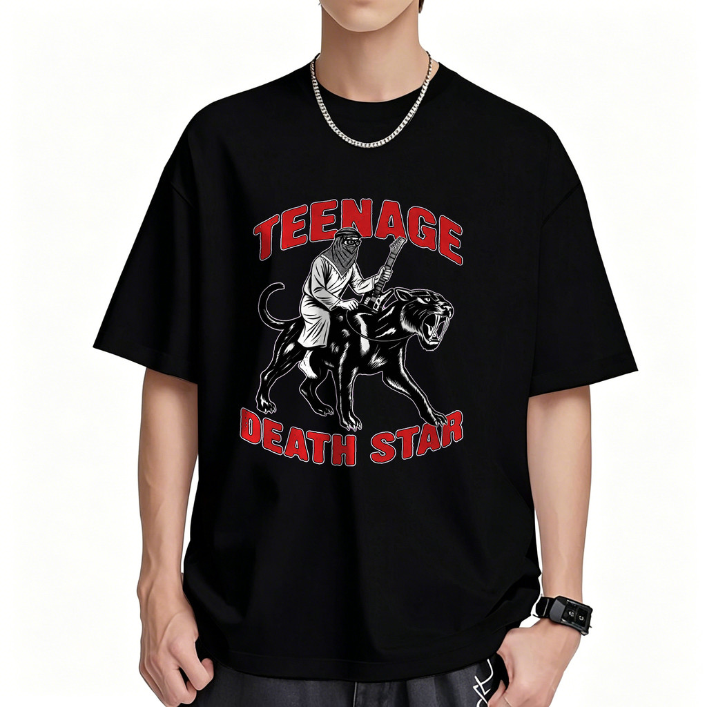 Kaos Pria Putih Teenage Death Star Motif Ninja Berkuda Macan Kumbang Dengan Pedang Graphic Tee Distr
