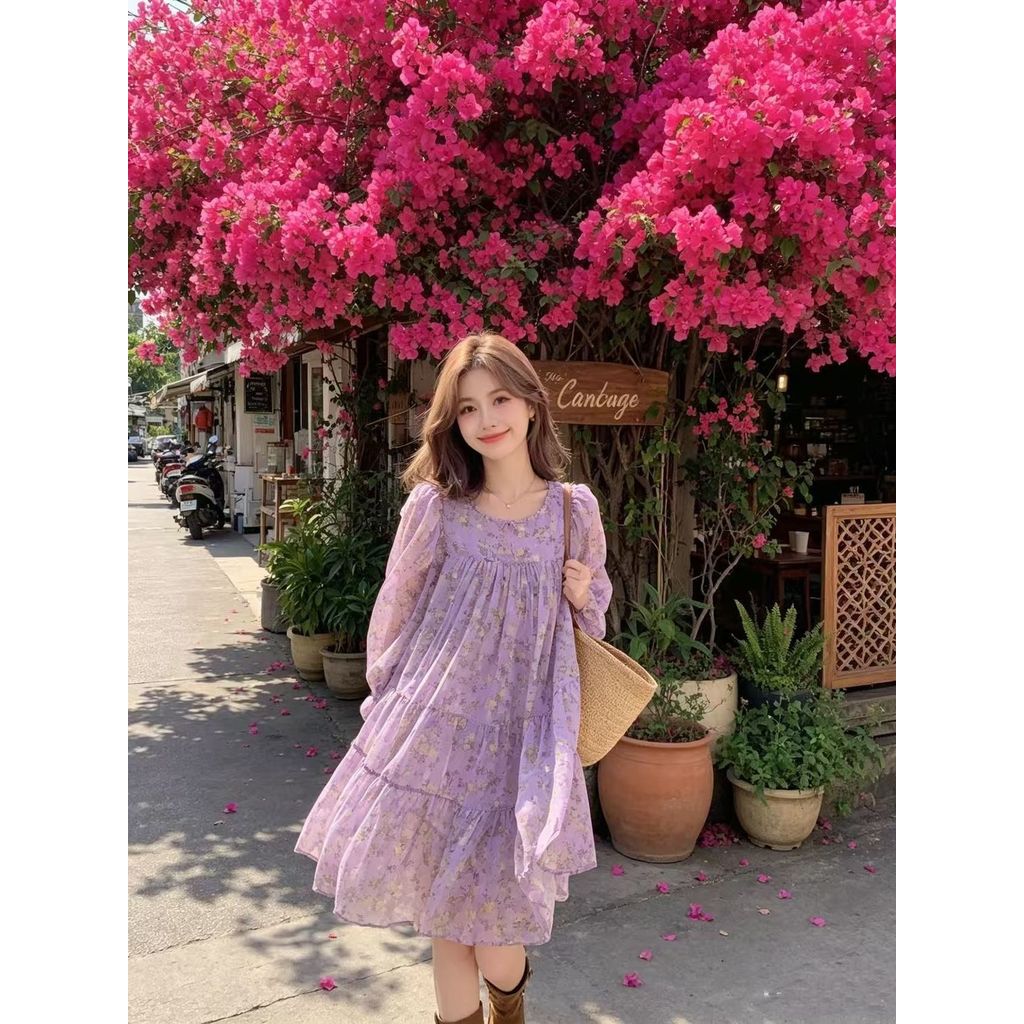 Dress Wanita Motif Bunga Warna Krem & Ungu Muda, Model Boho Mini untuk Liburan Musim Semi