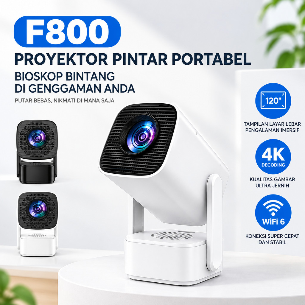 AlatAudio F800 F900 Android 14 Proyektor Pintar Gimbal Portable HD 720P Support 4K -Built-in Speaker