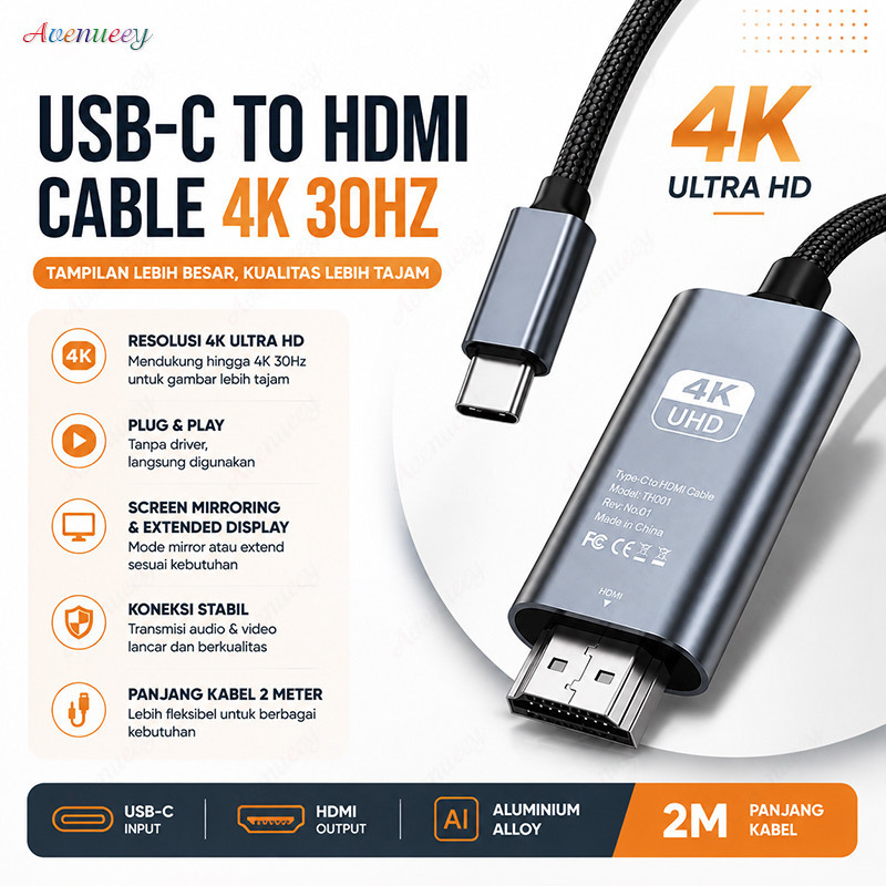 mws - USB C to HDMI 4K Cable 2M Type C Adapter Screen Mirroring Display untuk Laptop TV Projector Mo