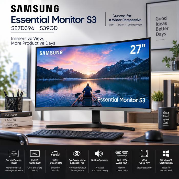 Monitor Samsung S27D396 Monitor PC Komputer Lengkung Curved 27 Inch VA FHD 1080p 100Hz HDMI Speaker 