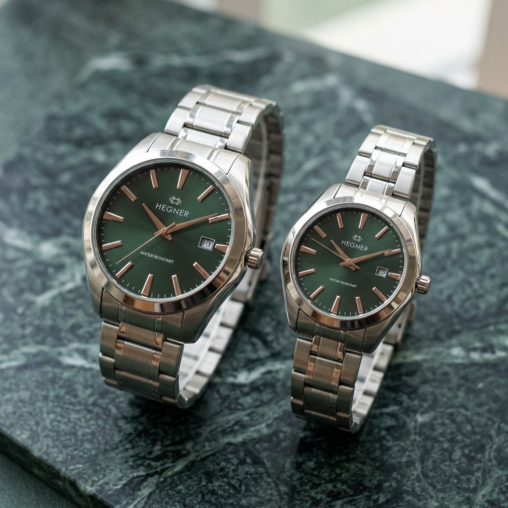 Jam Tangan HEGNER COUPLE HW 1678G Analog Full Stainless stell Silver Hijau