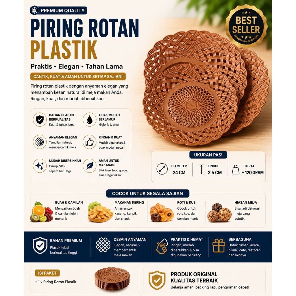 Piring Plastik Bambu Anyaman Rotan 1 Lusin