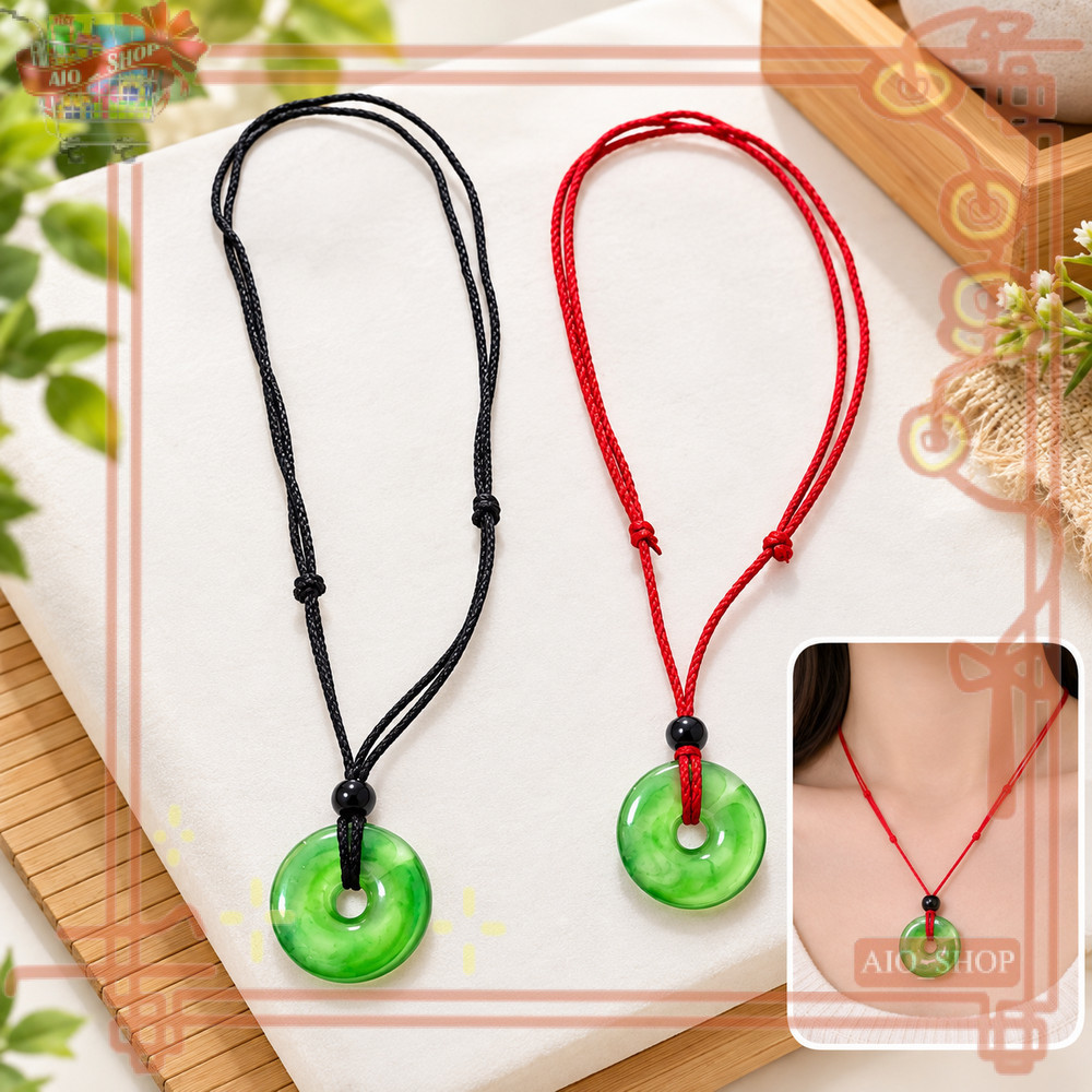 Kalung Giok Hijau Donat Kalung Tali Giok Tali Hitam dan Merah Tali  Adjustable Pria Wanita Unisex | 