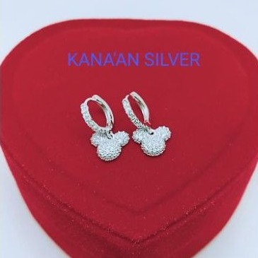 Anting jepit anak & remaja Mickey mouse mata putih full perak asli925/silver lapisan mas putih murni