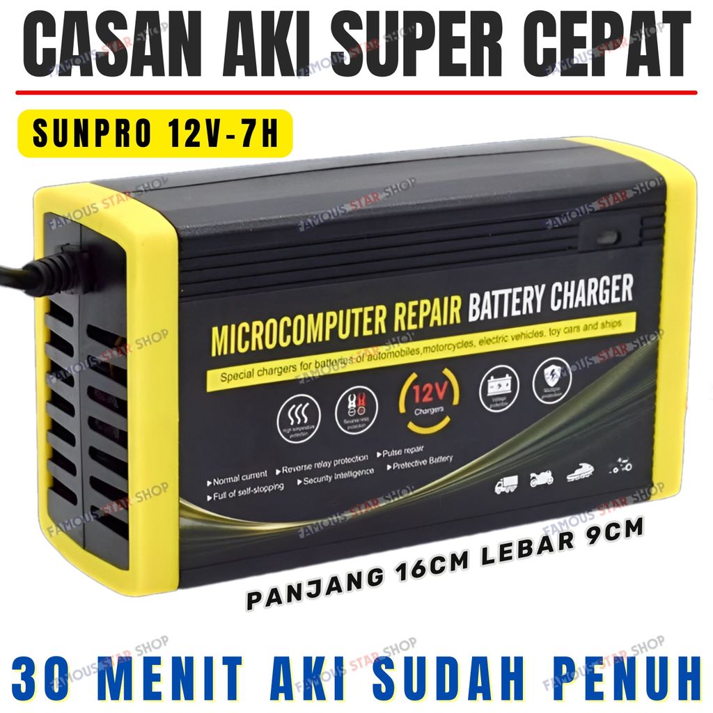 Casan Aki SUPER CEPAT  DC 12V TO AC 220V SUNPRO 12V-7A + Kipas Pendingin | Pengisi Daya Aki Mobil