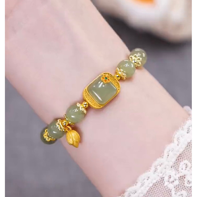 Gelang Giok Kotak Wanita Berlapis Emas 18K Anti Luntur