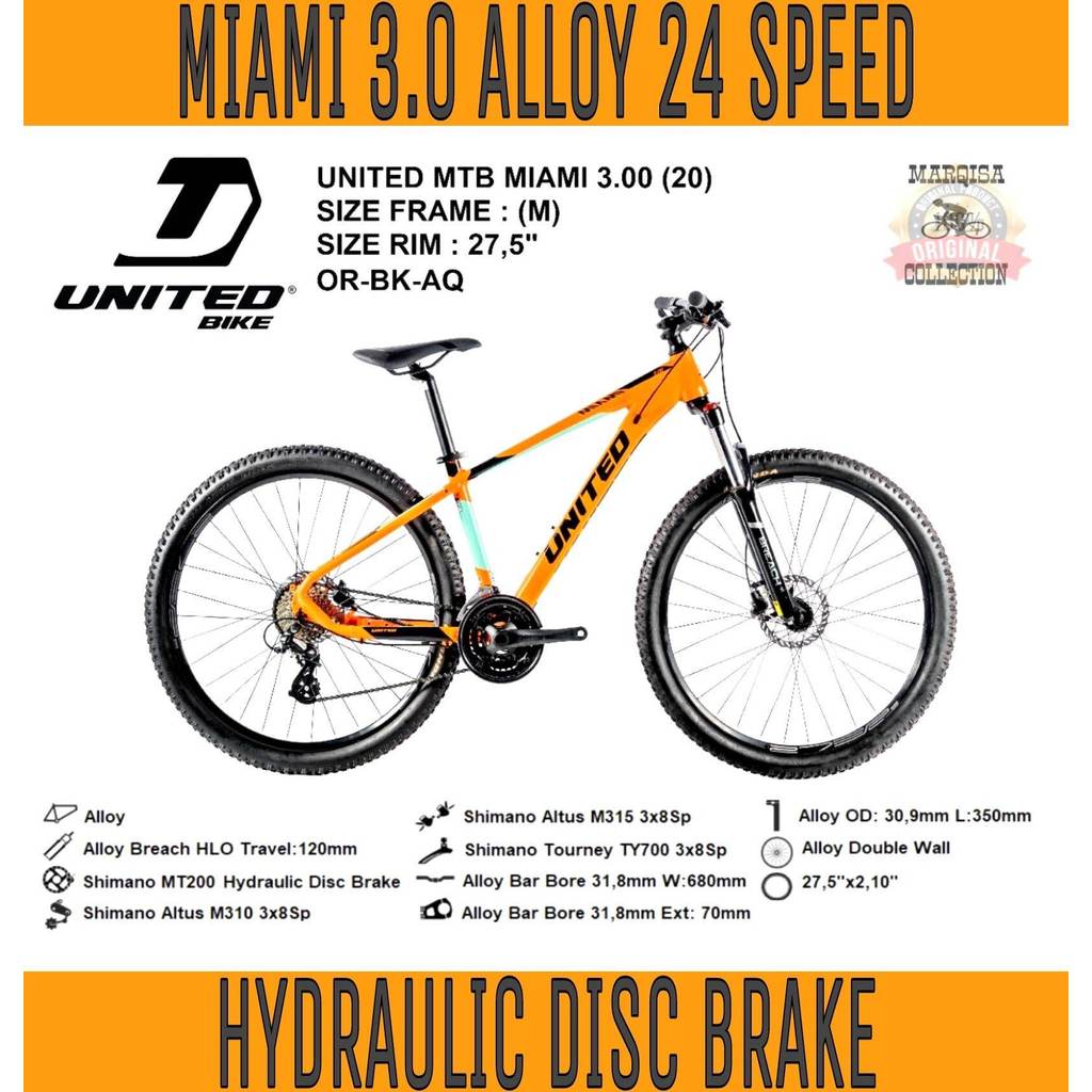 Sepeda Gunung MTB 27.5 Inch United Miami 3.0 Alloy 3x8 Speed Shimano Hidrolik Disc Brake Dewasa Prom