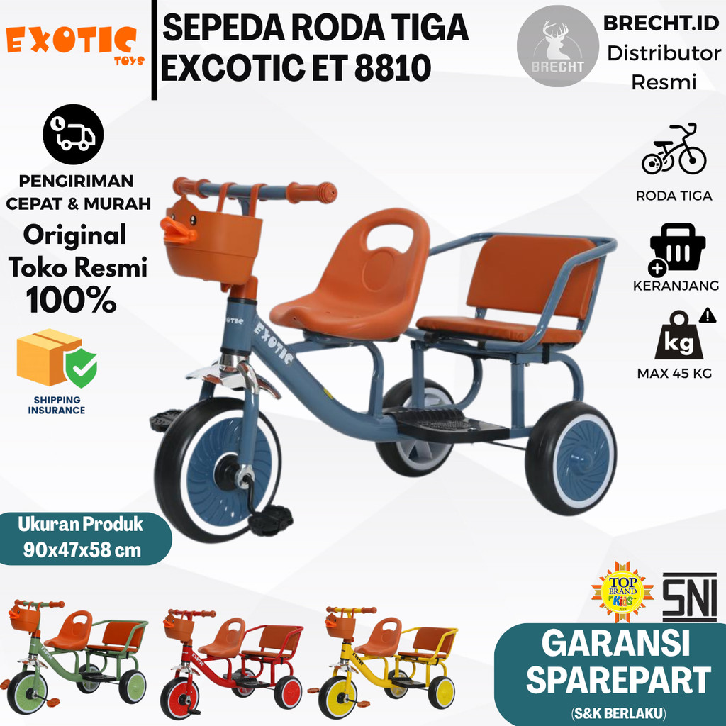 Sepeda Roda Tiga Anak Kembar EXOTIC ET8810 ET 8810 Dengan Keranjang Bebek Dan Ban Eva Exotic Toys