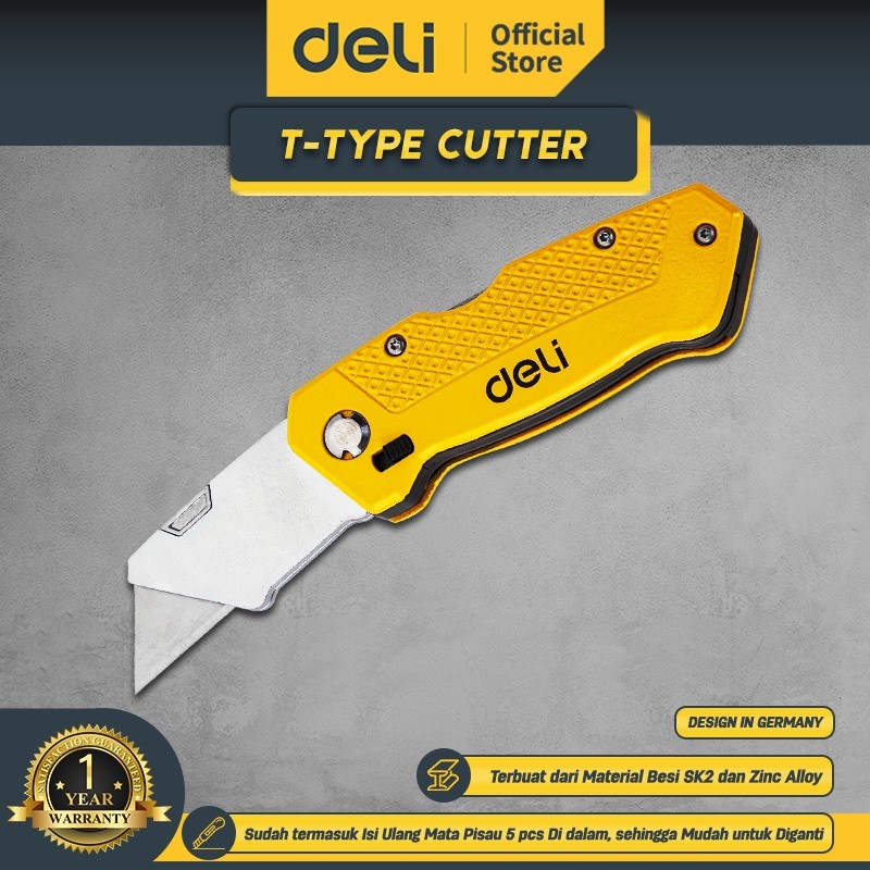Deli T-Type Cutter / Pisau Kayu Lipat Material SK2 Isi Mata Pisau 5 pcs EDL006Z