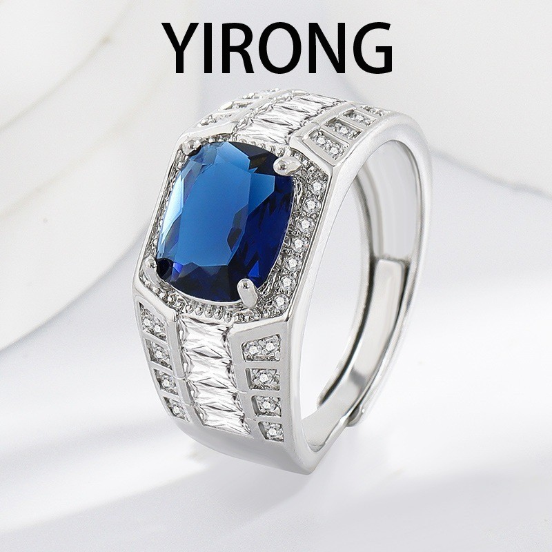 YIRONG Cincin Pria Mewah Berlapis Perak dengan Batu Zircon Biru