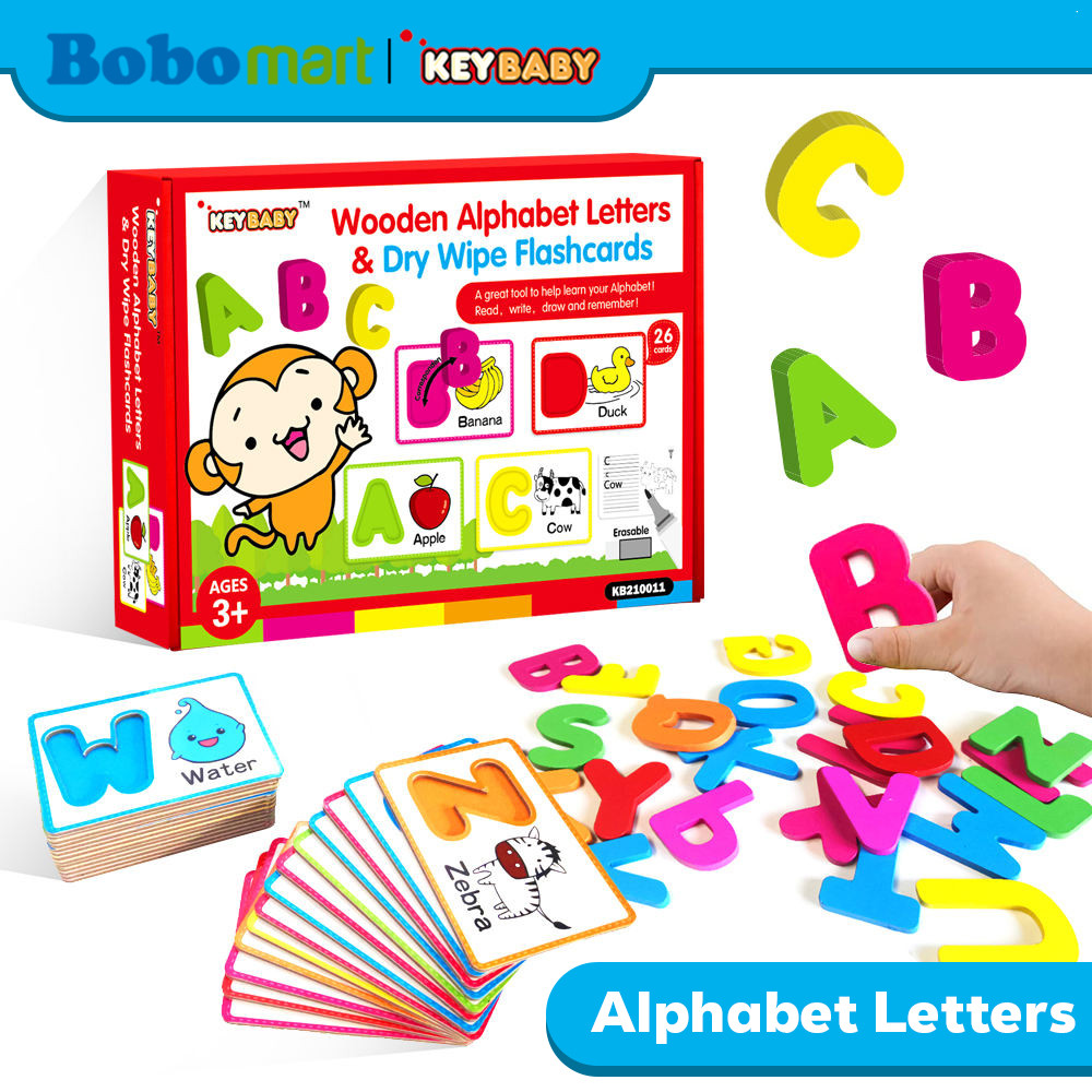 BOBOMART KeyBaby Wooden Alphabet Puzzle & Flash Cards KB210030 – Mainan Edukasi Huruf Kayu Anak