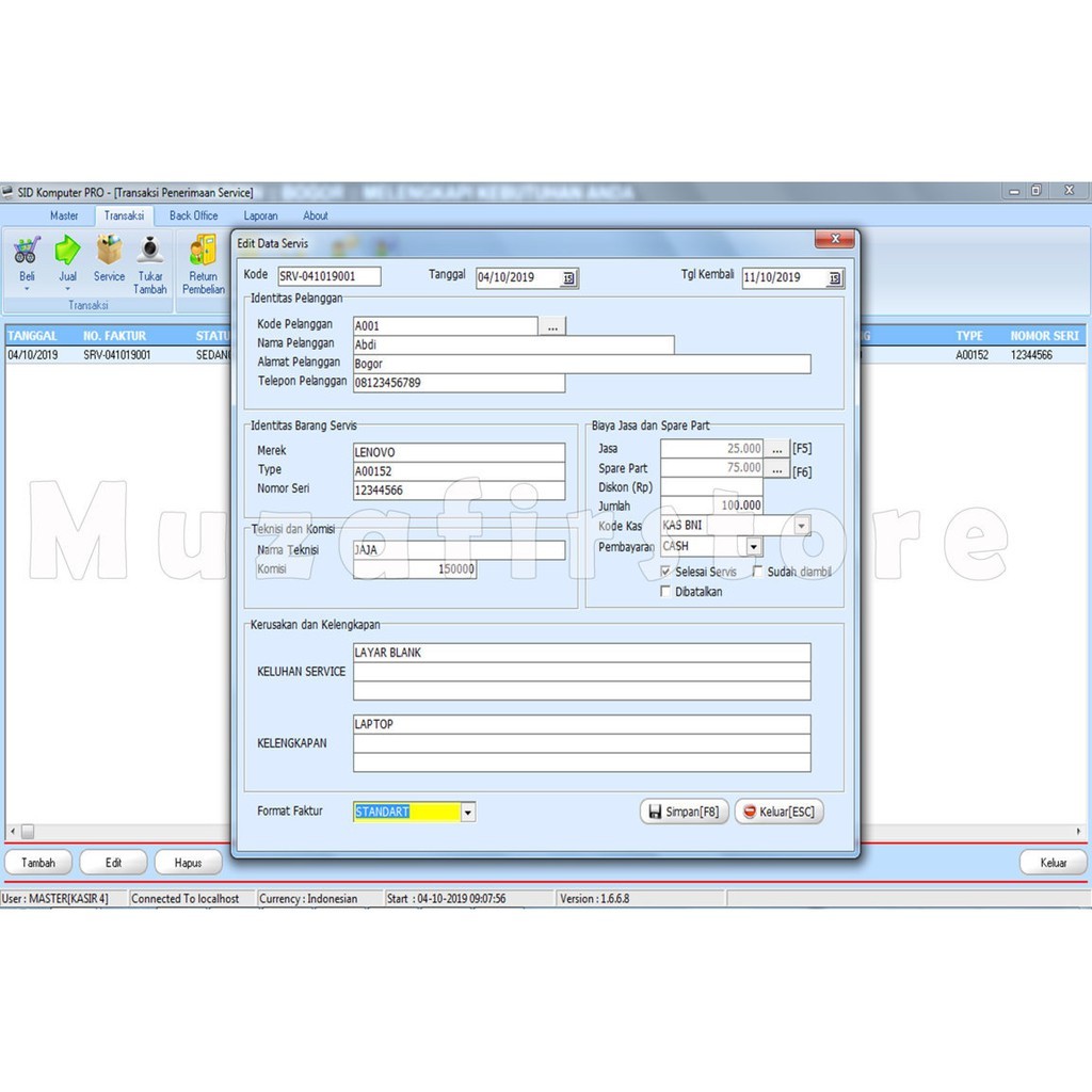 Software kasir Service HP dan Komputer
