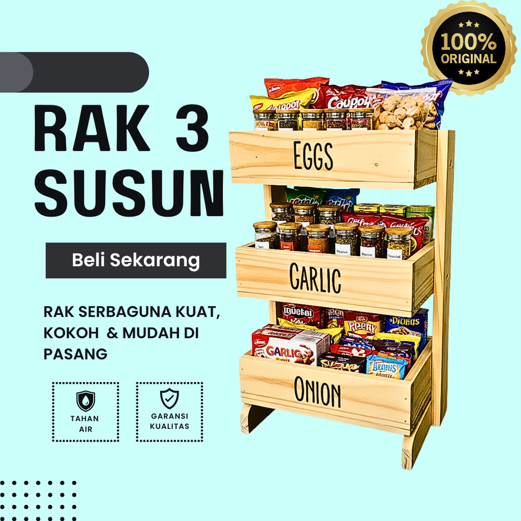 Rak bawang kayu 3 susun / Rak dapur / Rak kosmetik/ Rak perkakas/ Rak bawang