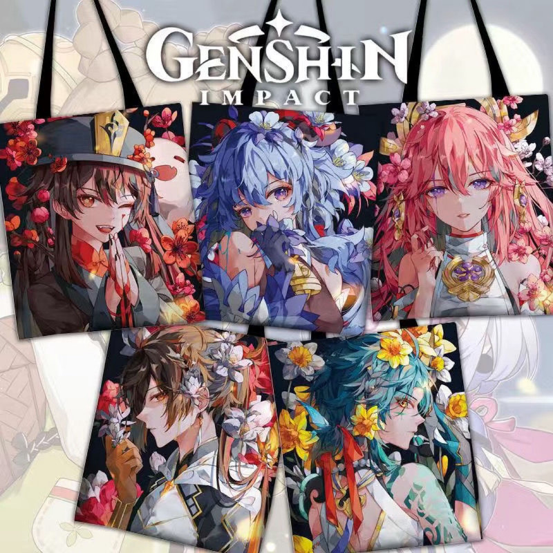 Anime Genshin Impact Canvas Bag Hutao Ganyu Klee Zhongli Xiao Kaedehara Kazuha Shopper Women Shoulde