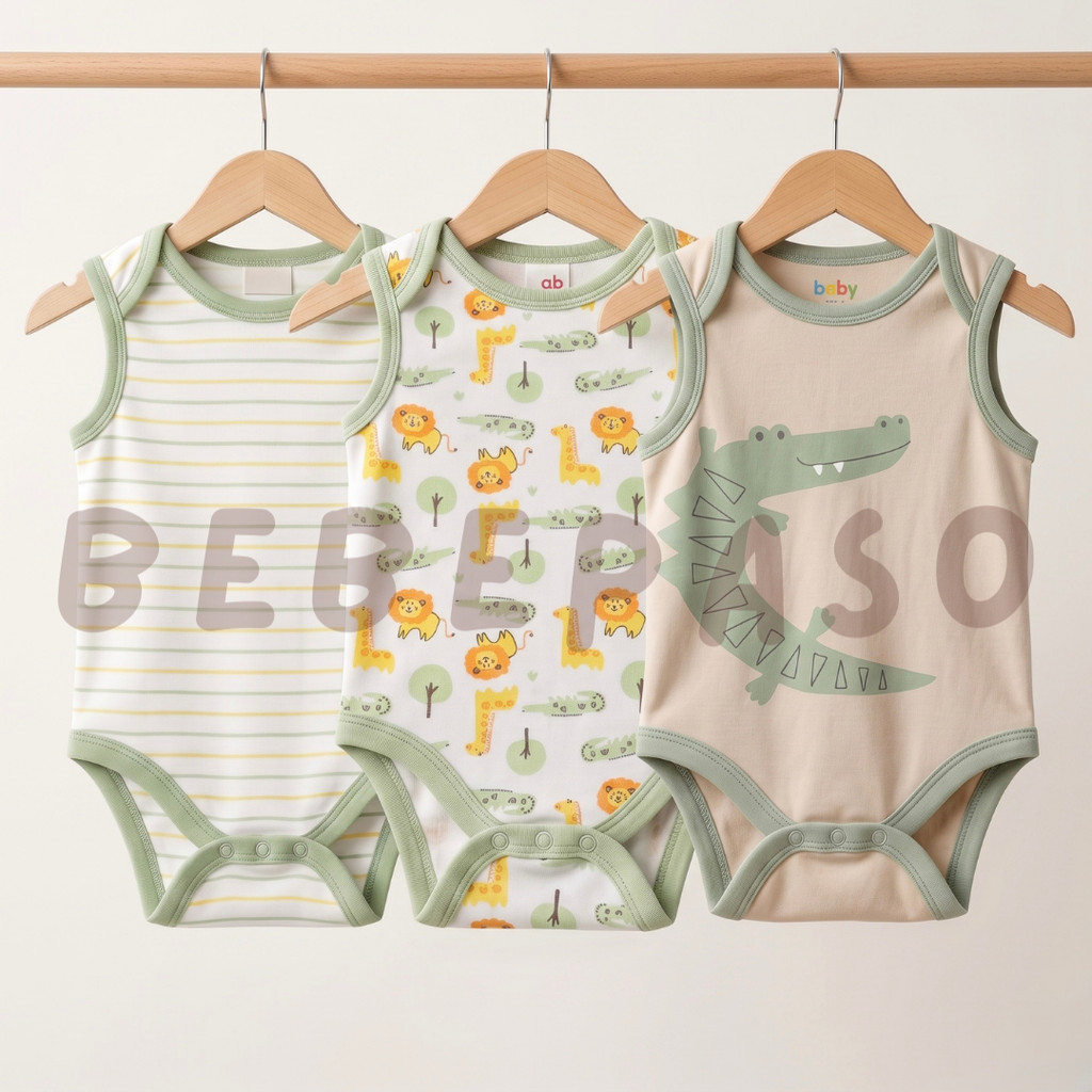 BEBEPASO - Jumper Bayi Kutung 3pcs Unisex Bodysuit Sleeveless Katun Lembut 0-9bulan (3VS CROCO)