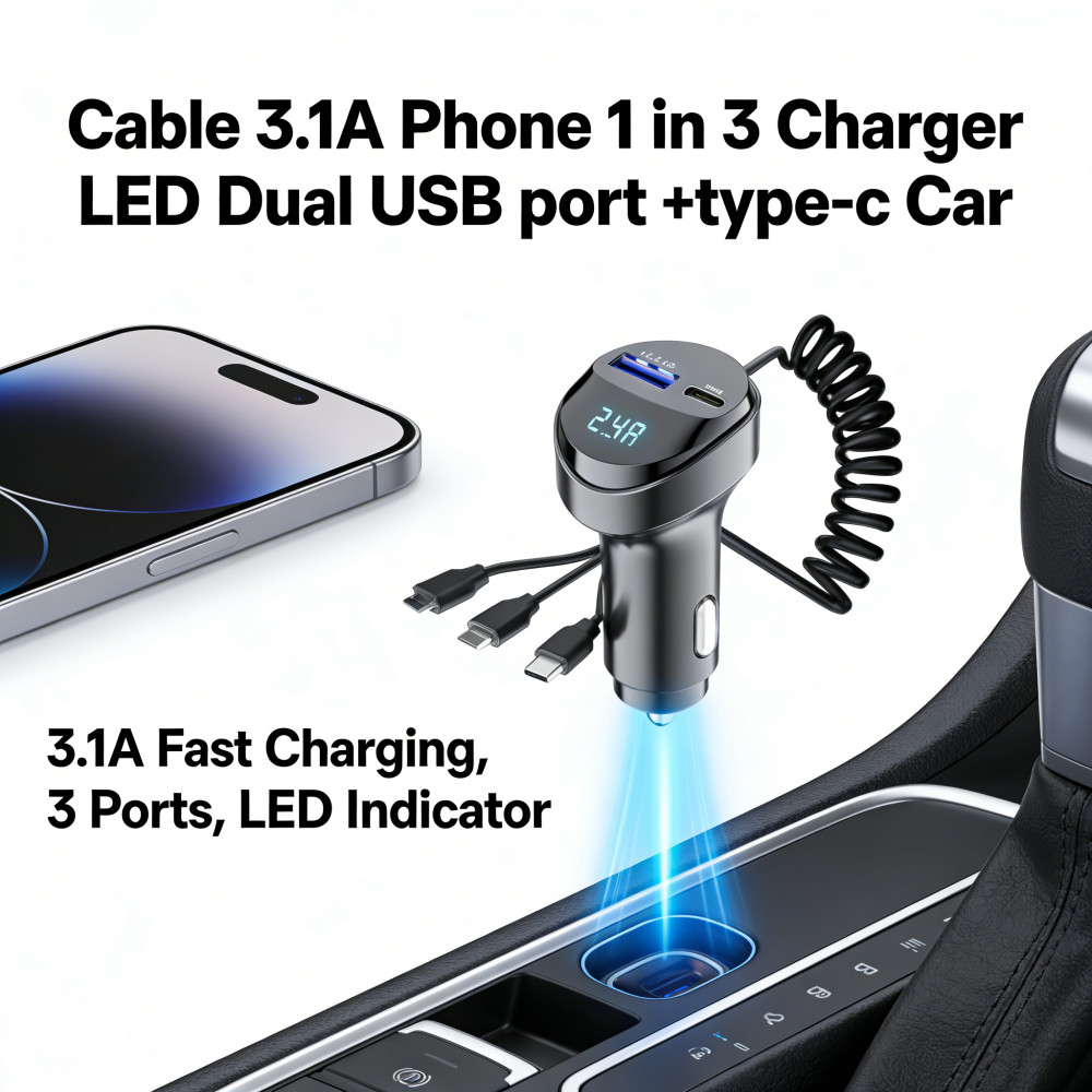 Charger Car Phone 3.1A 1 in 3 type-c USB port Cable Digital Display LED With Charger 3.1A